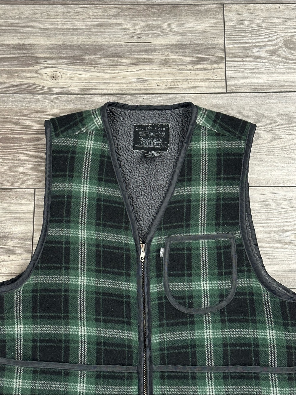 Vintage Levi's Plaid Wool Sherpa Lined Vest - Picture 3 of 5